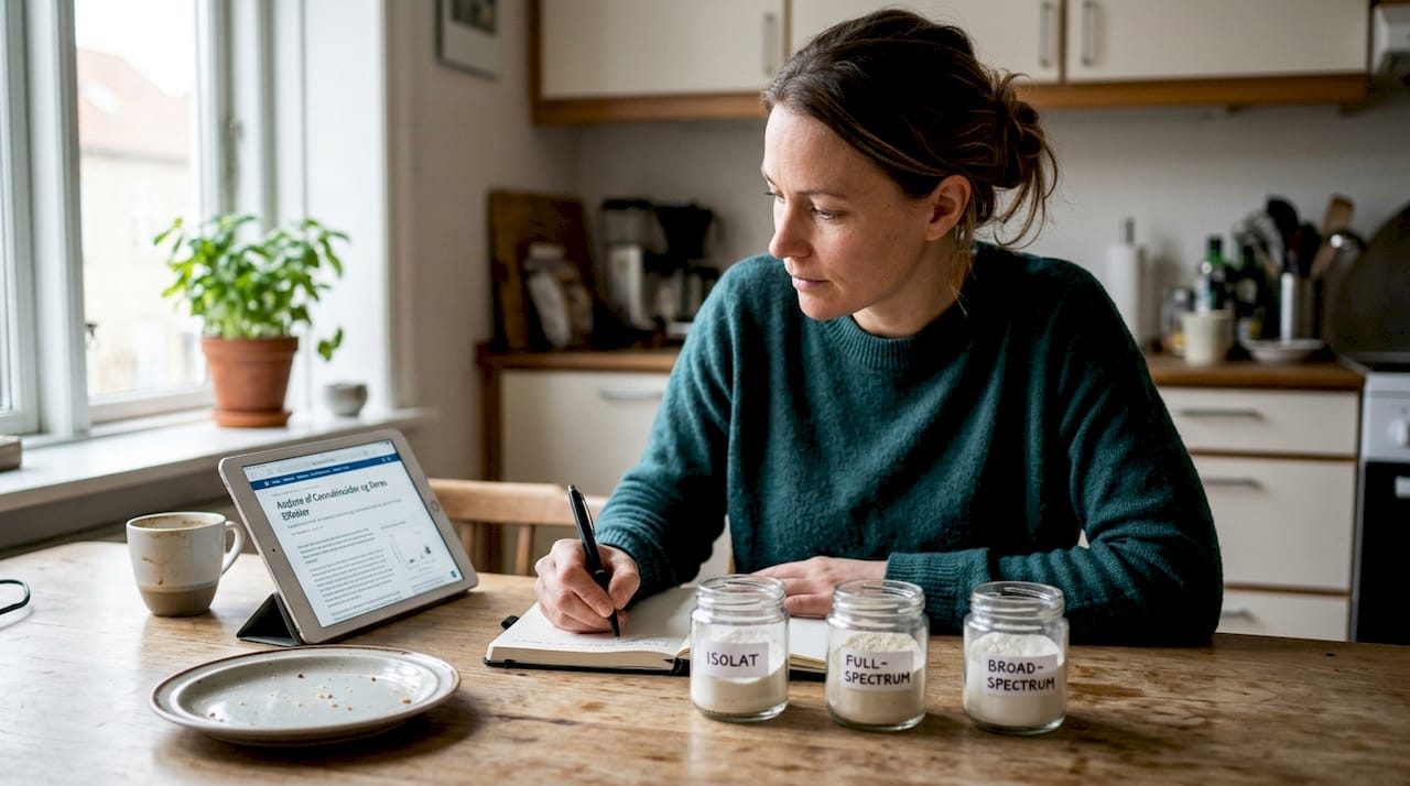 En kvinde sidder ved bordet og sammenligner forskellige typer CBD-produkter.