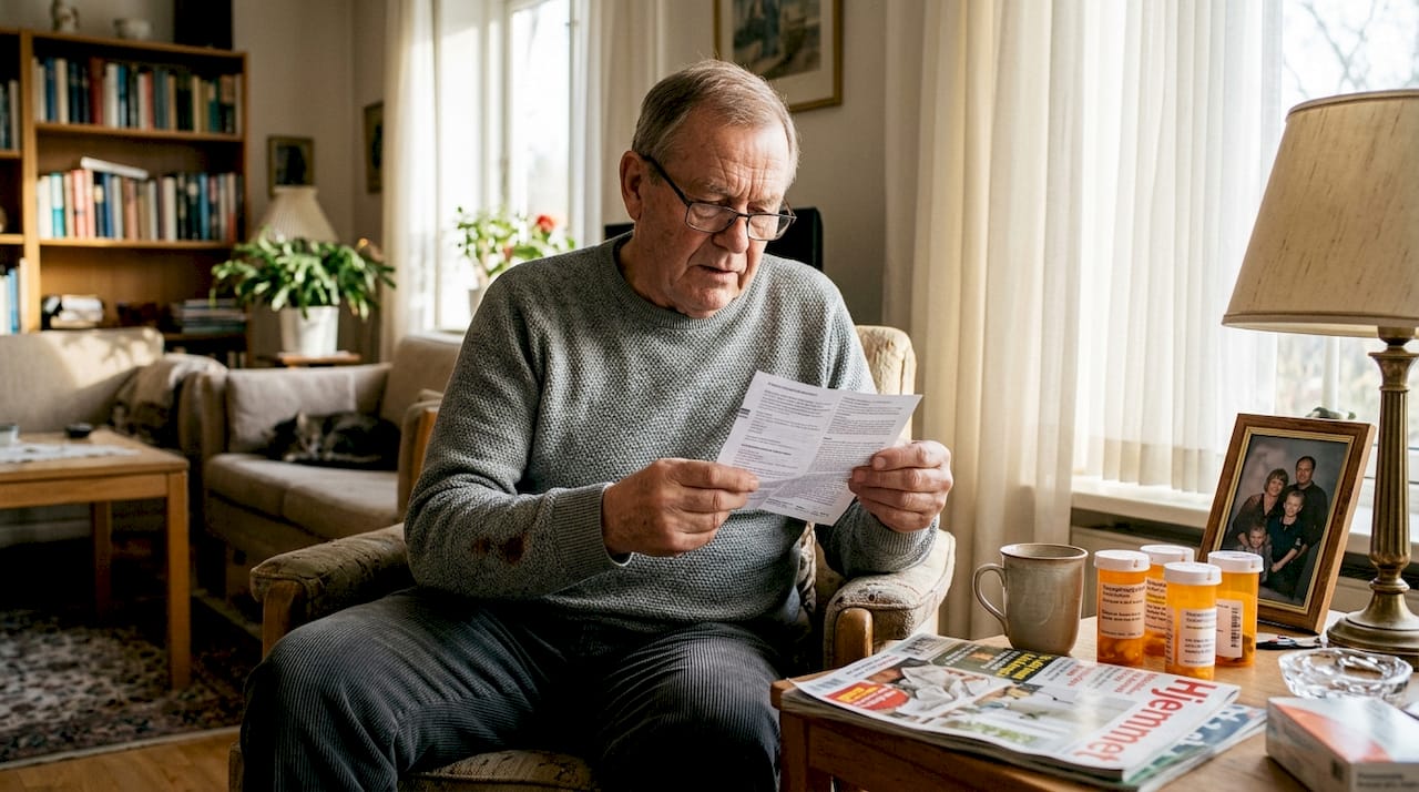 Ældre mand sidder og læser indlægssedlen til sin medicin