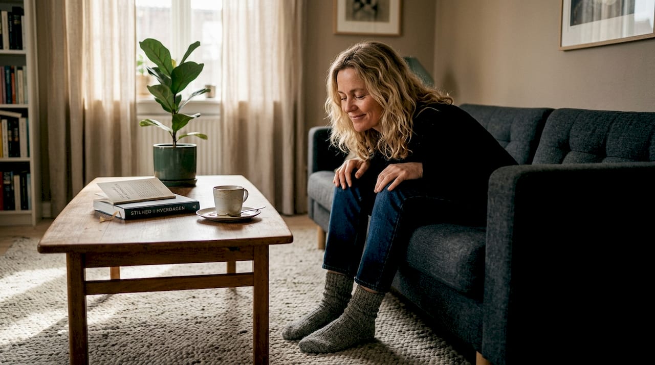 En glad kvinde strækker sig ud derhjemme og nyder roen