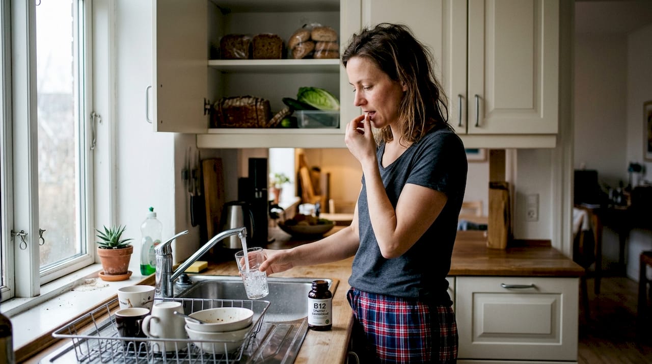 En kvinde tager sin daglige B12-vitamin i køkkenet.