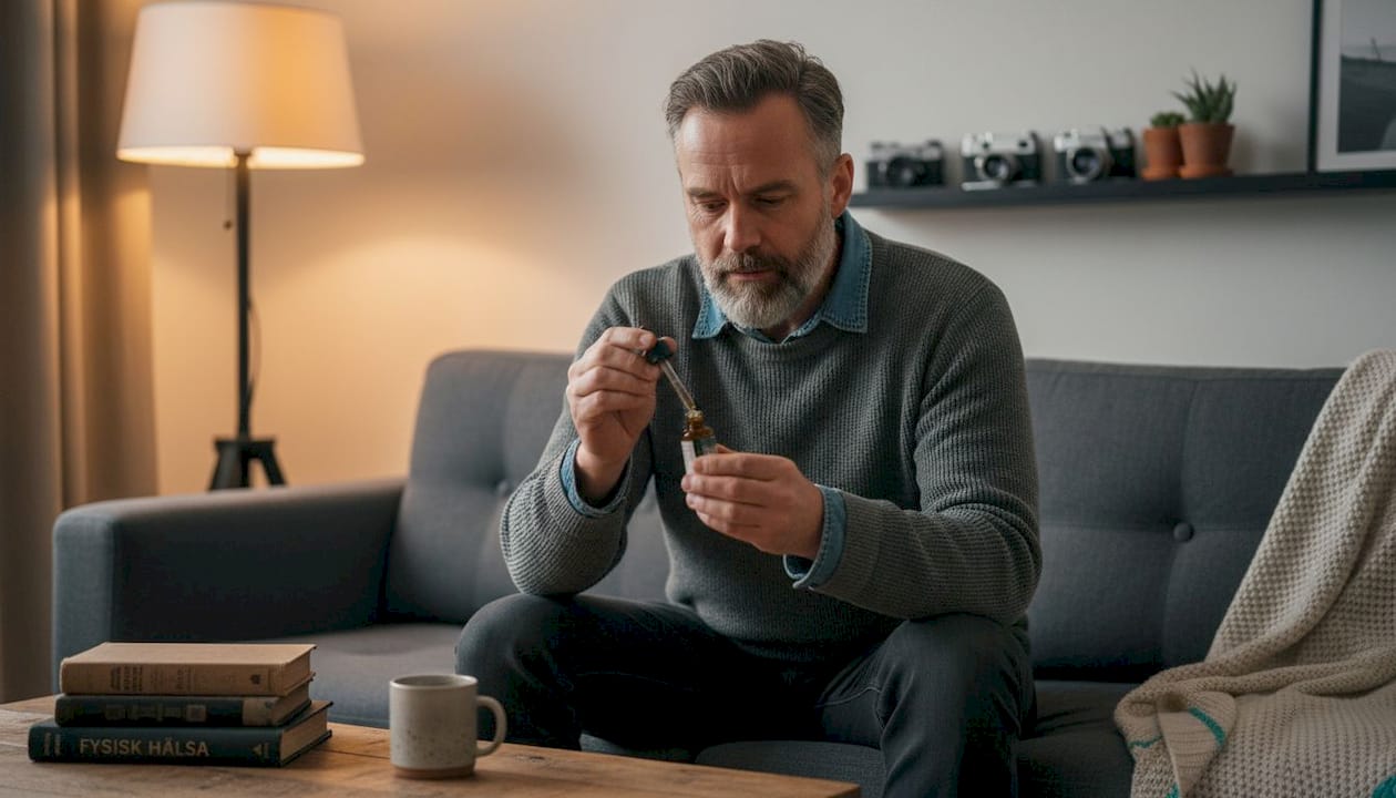 En man fixar CBD-olja hemma i vardagsrummet.