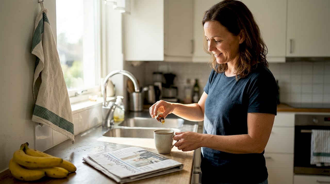 Kvinna droppar tillskottolja i sitt morgonte