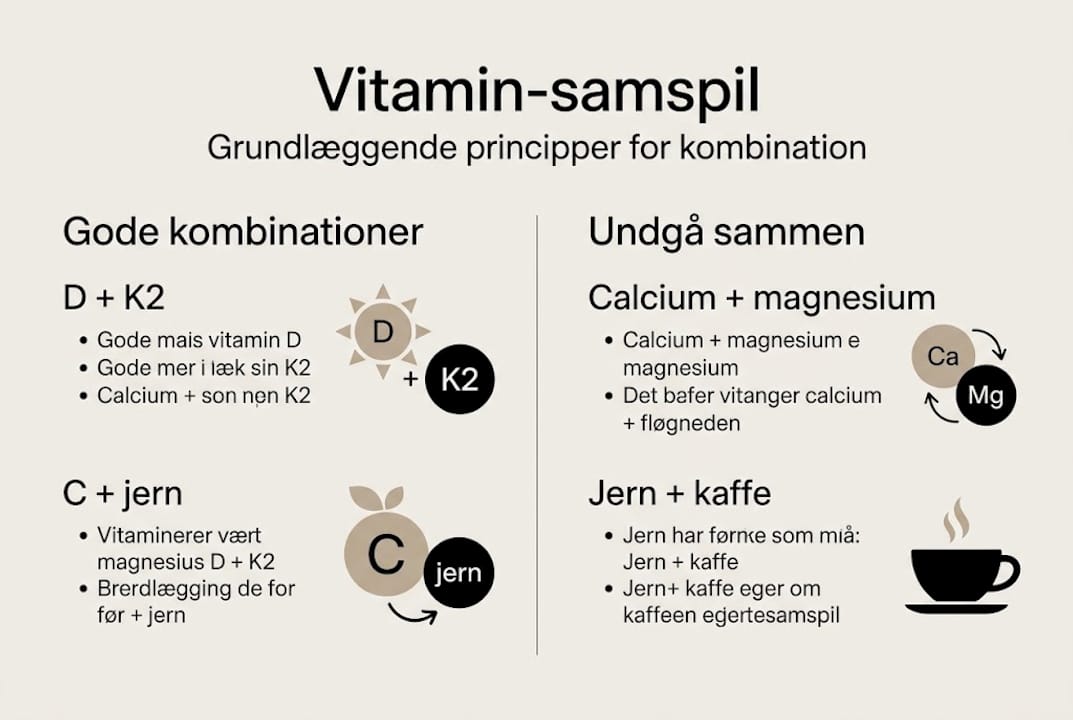 Grafisk oversigt over, hvilke vitaminer der fungerer godt sammen – og gode råd til, hvordan du bedst kombinerer dem.