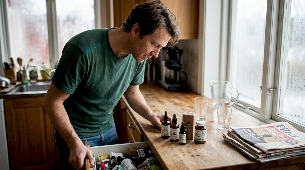 I köket går någon igenom och organiserar olika CBD-produkter, sorterar dem efter typ och användningsområde.
