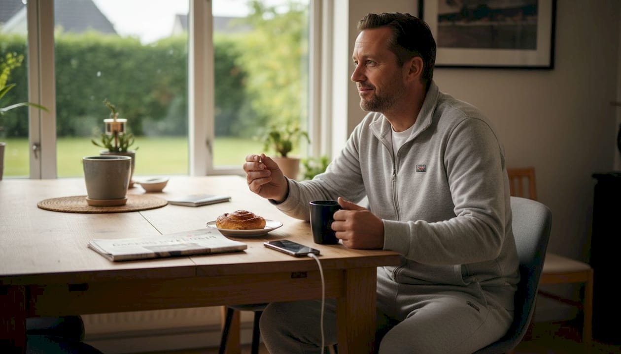 En mand sidder ved morgenbordet og tager sin daglige vitaminpille.