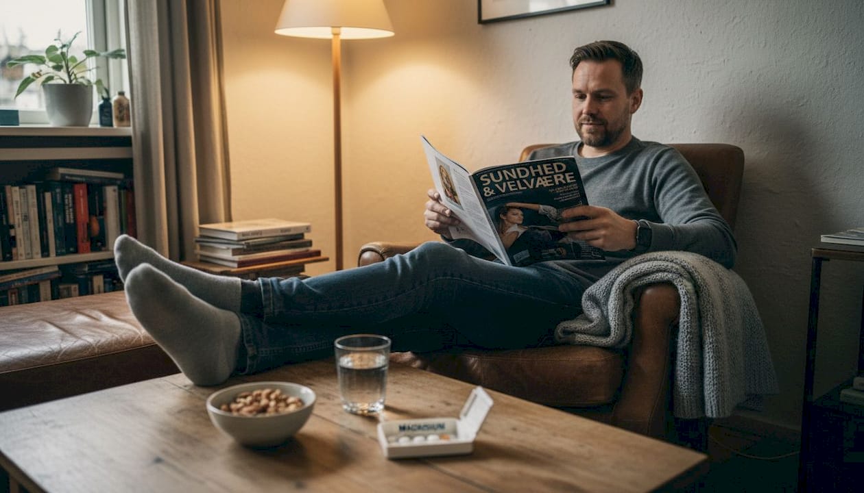 En mand nyder en afslappende stund med magnesium og et sundhedsmagasin.
