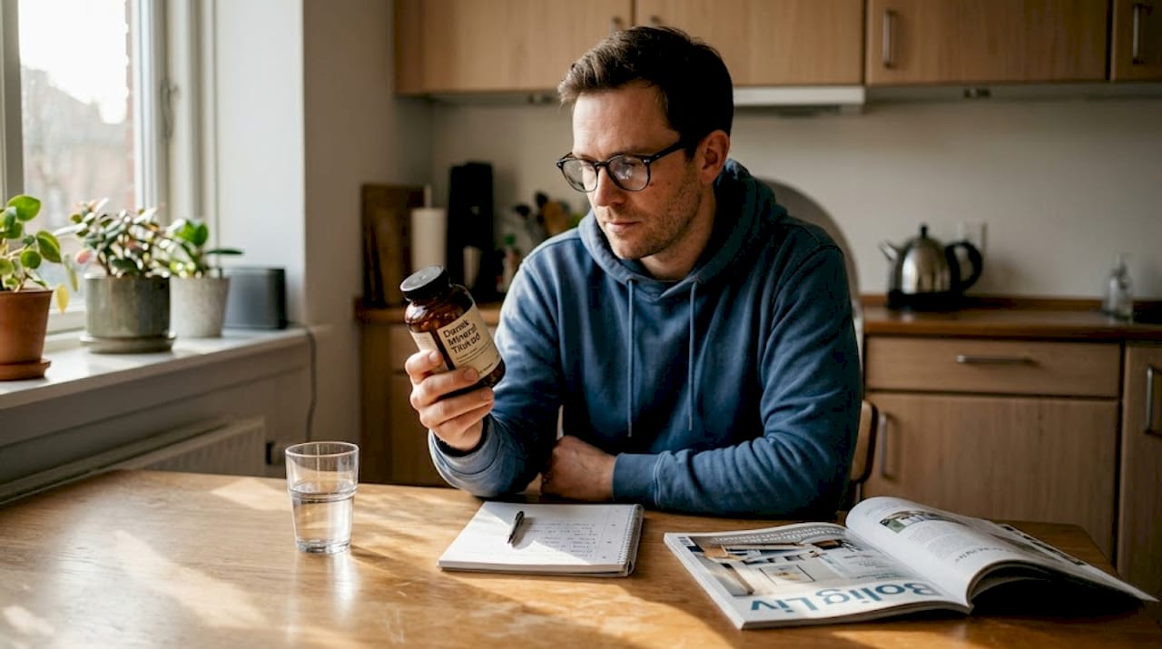 En mand sidder ved køkkenbordet og studerer etiketten på et kosttilskud