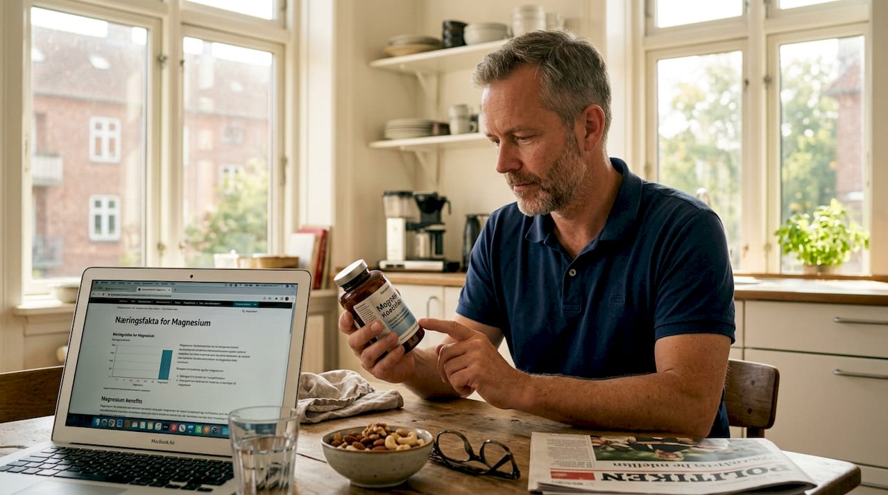 En mand står i køkkenet og læser på etiketten til sine magnesiumtabletter.