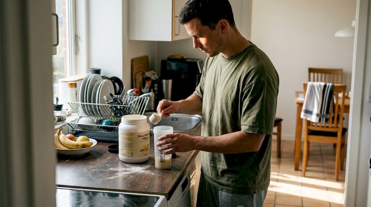 En mand står i sit køkken derhjemme og laver en proteinshake