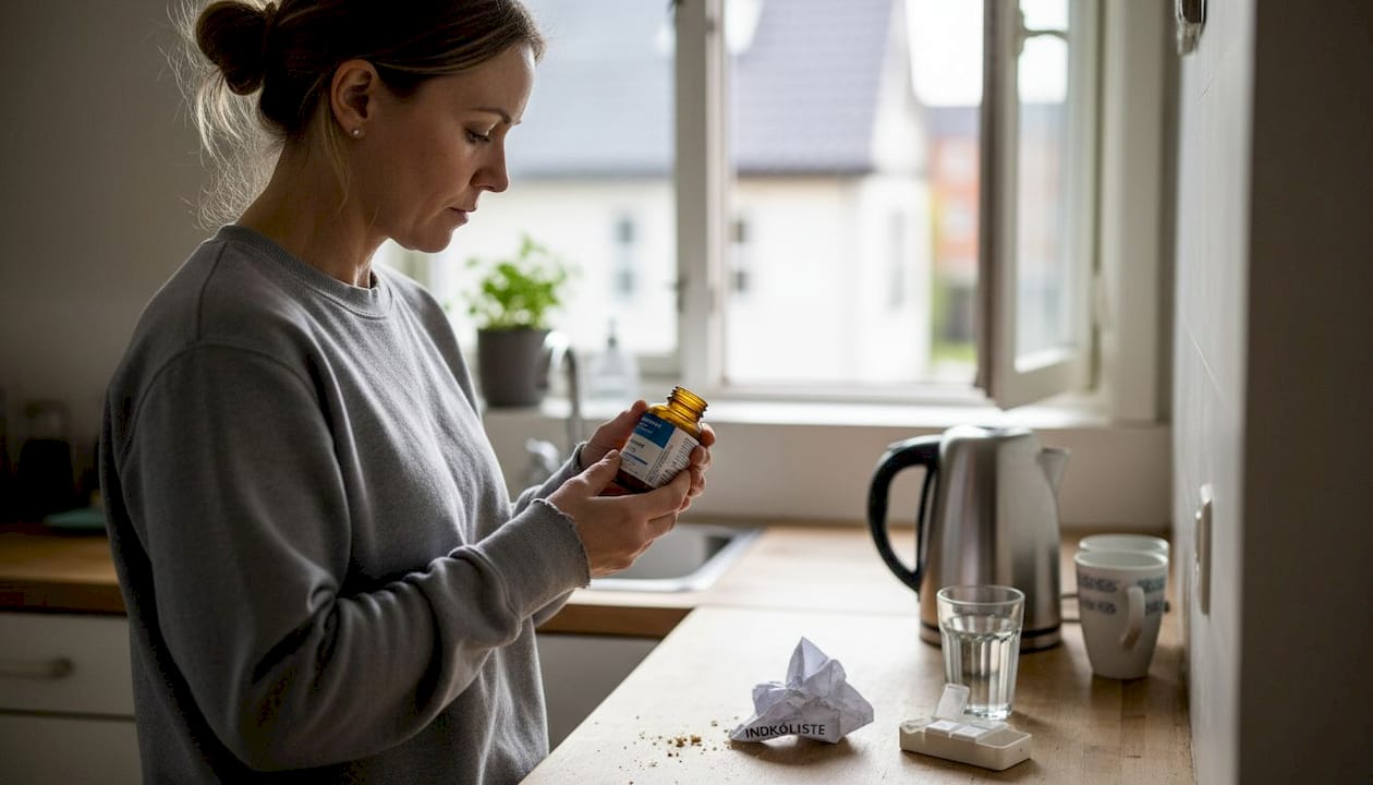 En kvinde står i køkkenet og læser grundigt på etiketten til et kosttilskud.