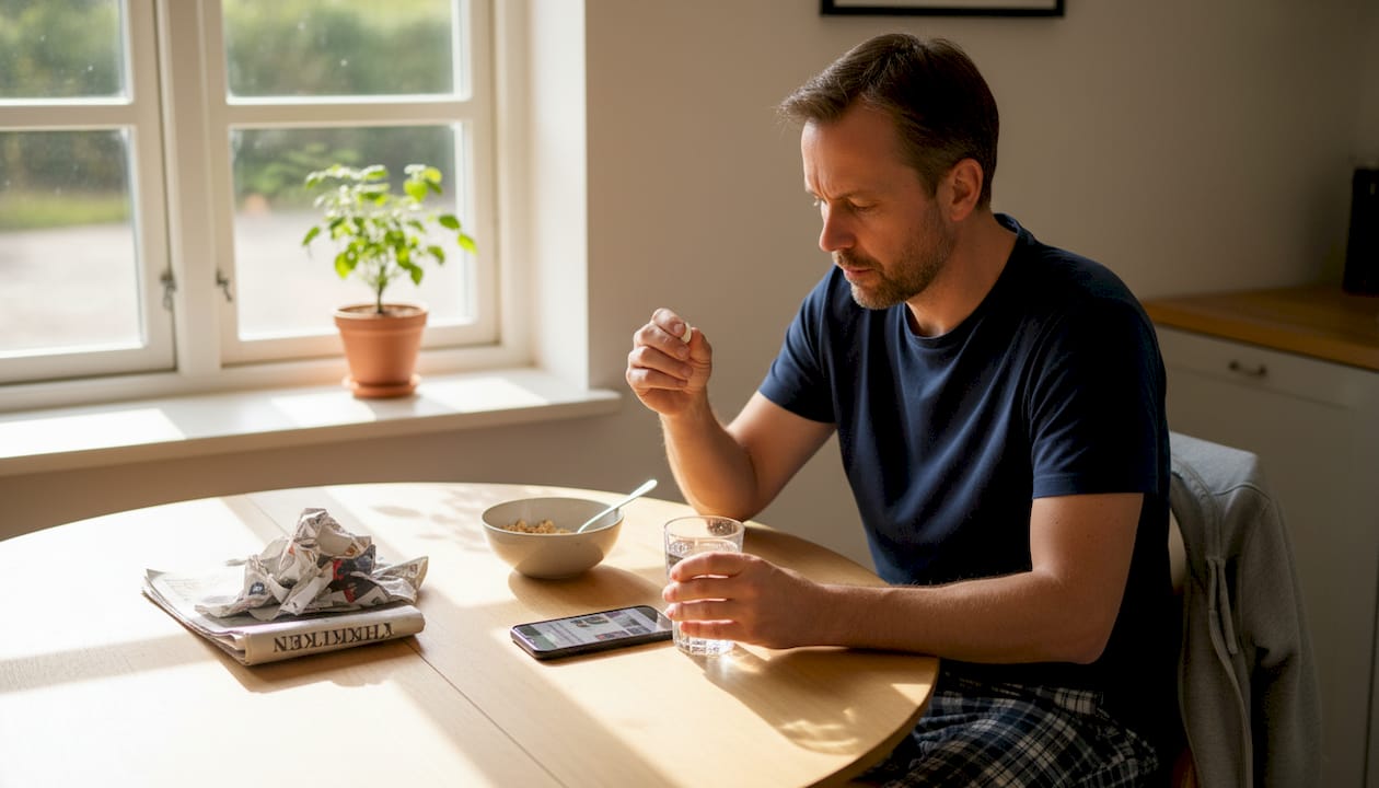 En mand sidder ved morgenbordet og tager sin vitaminpille.