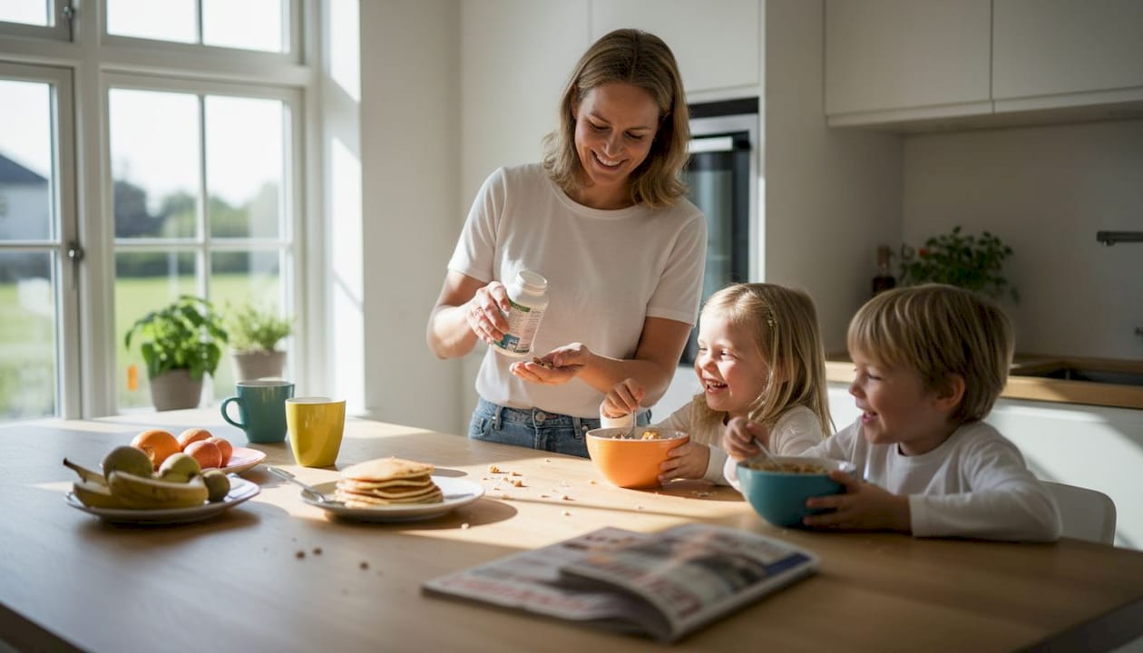 Hele familien samles om morgenbordet, hvor de spiser og husker at tage deres vitaminer.
