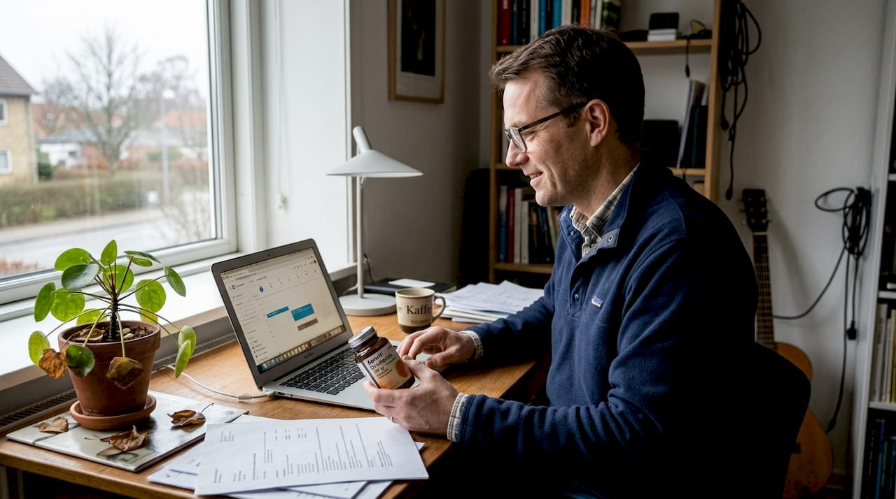 Mand sidder ved sit hjemmekontor en vinterdag med en D-vitamin-flaske ved hånden.