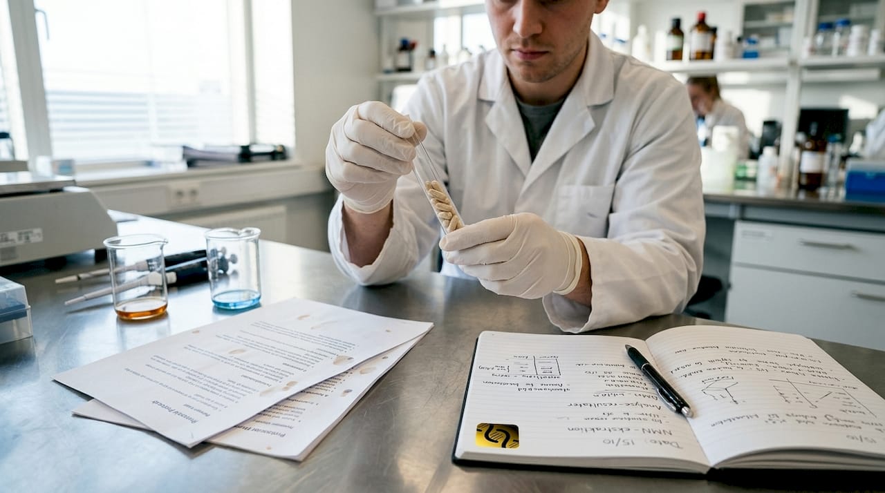 En laboratorietekniker arbejder med NMN-kapsler i laboratoriet og sikrer korrekt håndtering.
