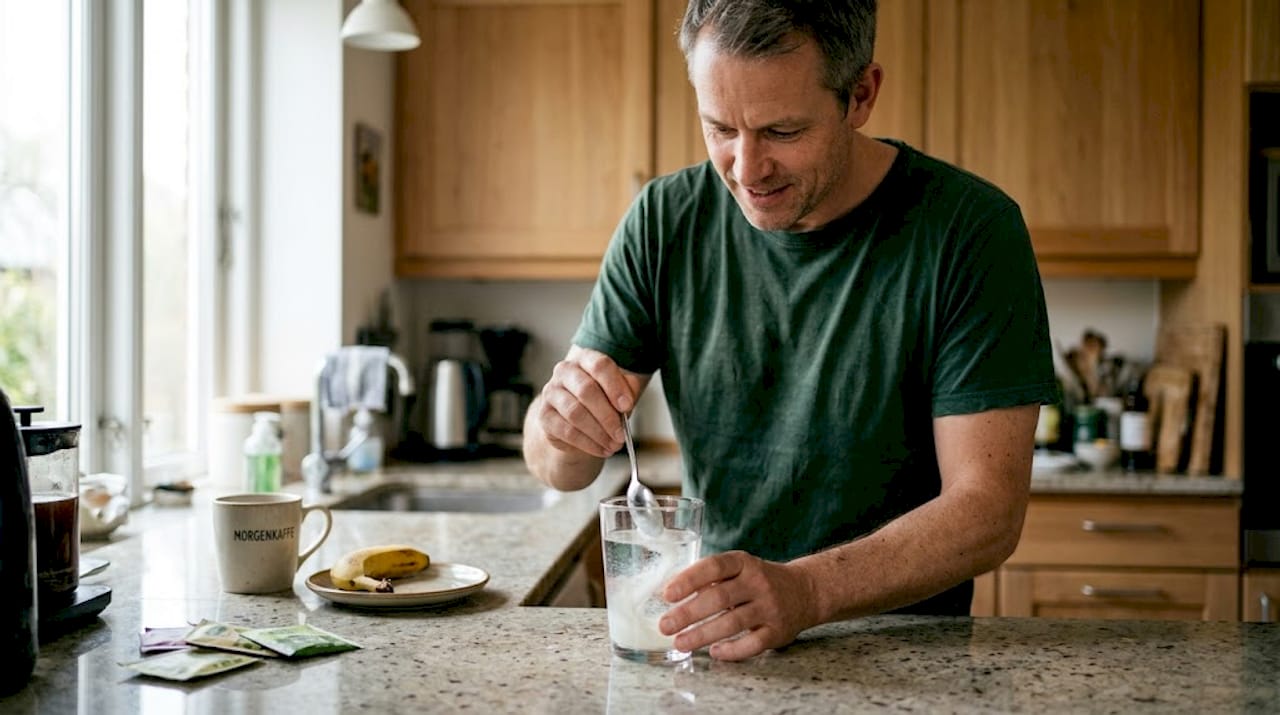En mand rører kollagenpulver ud i et glas vand.