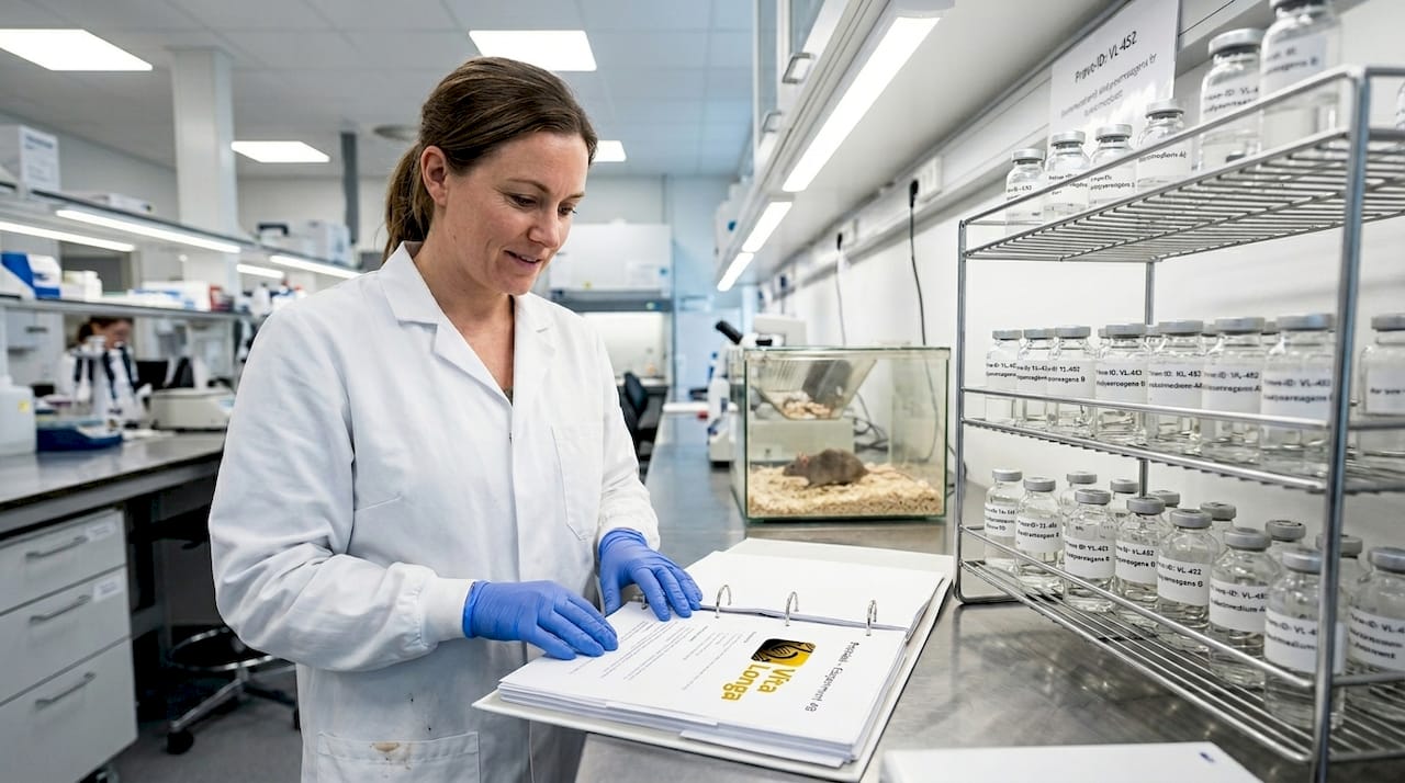 En tekniker gennemgår forskningsresultater fra forsøg med laboratoriemus inden for bioteknologi.