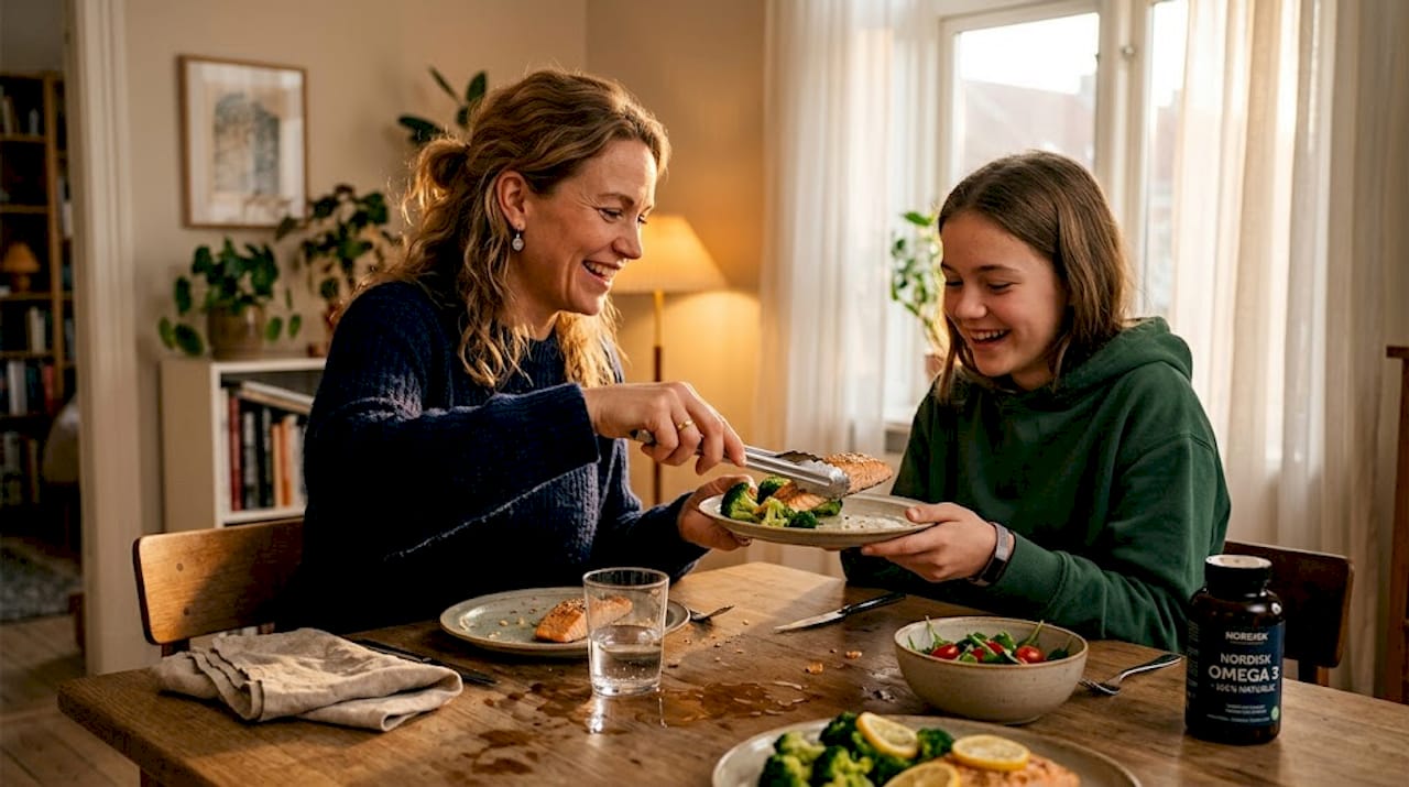 En familie samles omkring middagsbordet og nyder frisk fisk, mens de samtidig får deres daglige tilskud af omega 3.