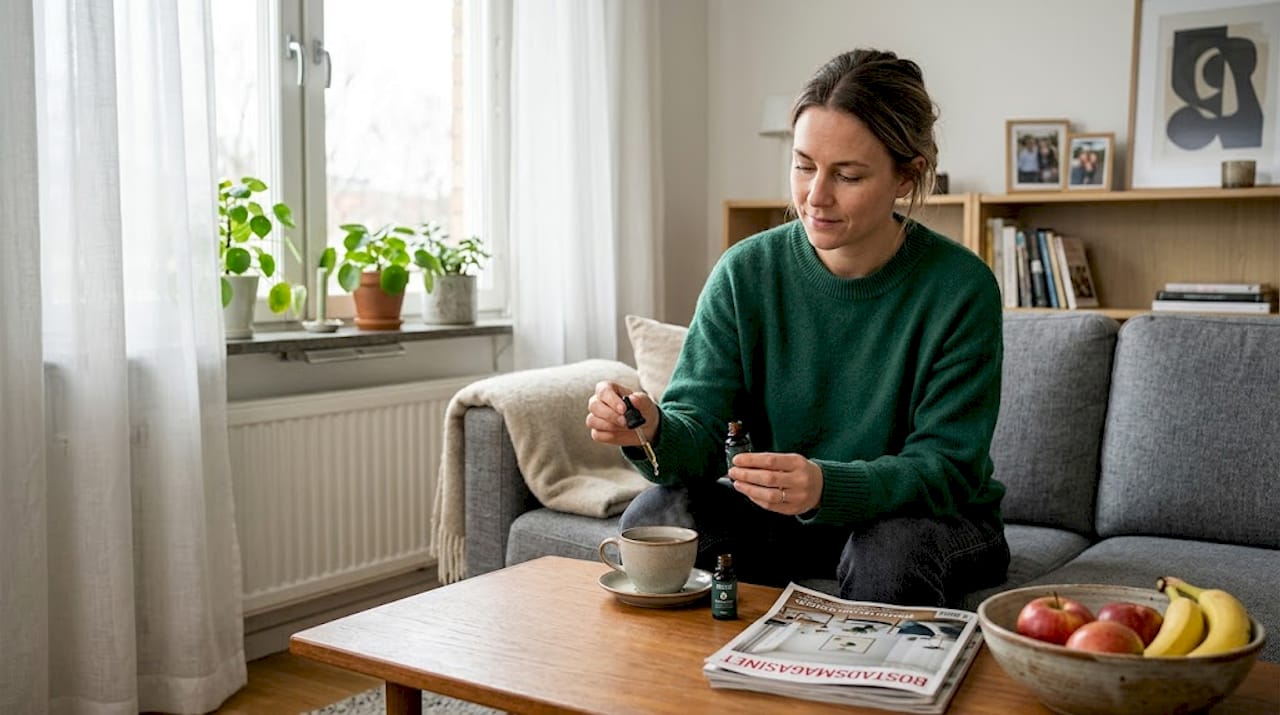 En kvinna sitter i vardagsrummet och använder CBD-olja.