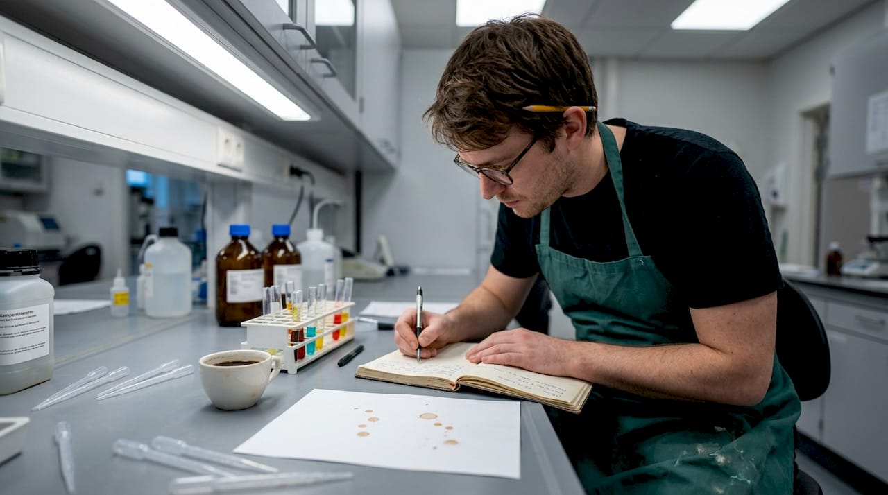 En laboratorietekniker sidder ved sit skrivebord og analyserer prøver med CBD.