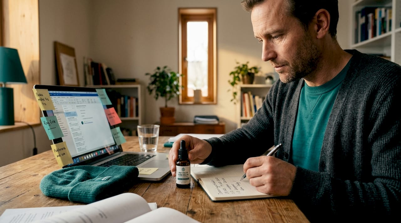 En person håller på att förbereda cannabisolja vid sitt skrivbord.