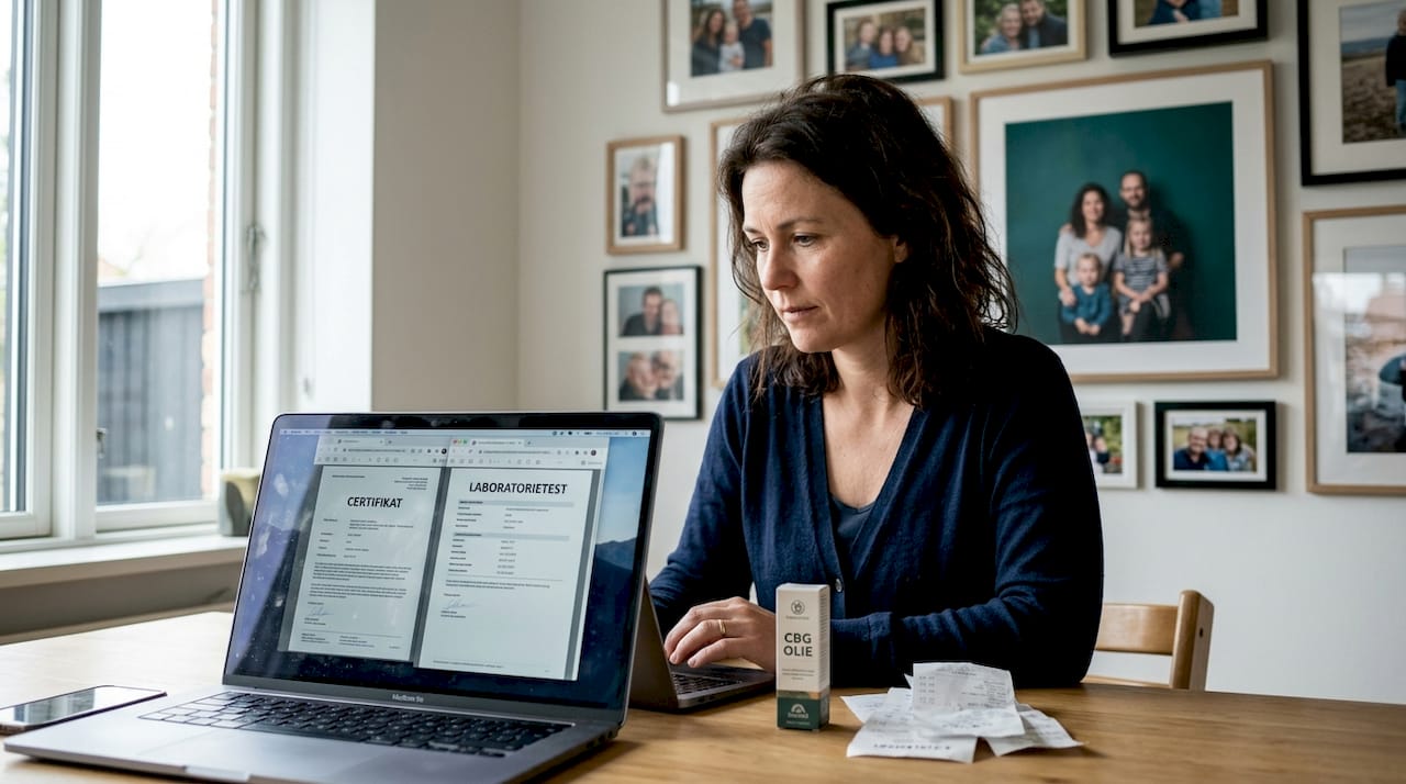 En kvinde sidder hjemme og gennemgår laboratorieresultater for CBG-olie.
