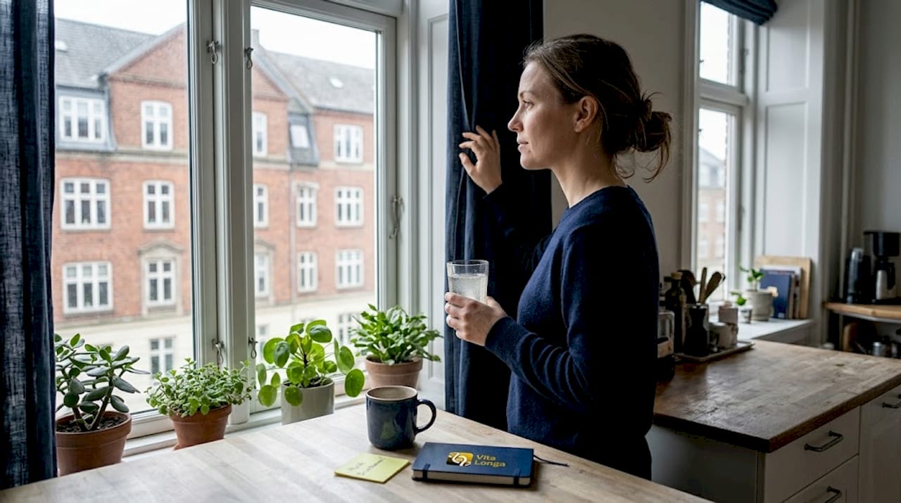 Kvinde får dagens D-vitamin ved at stå i solen foran et dansk vindue