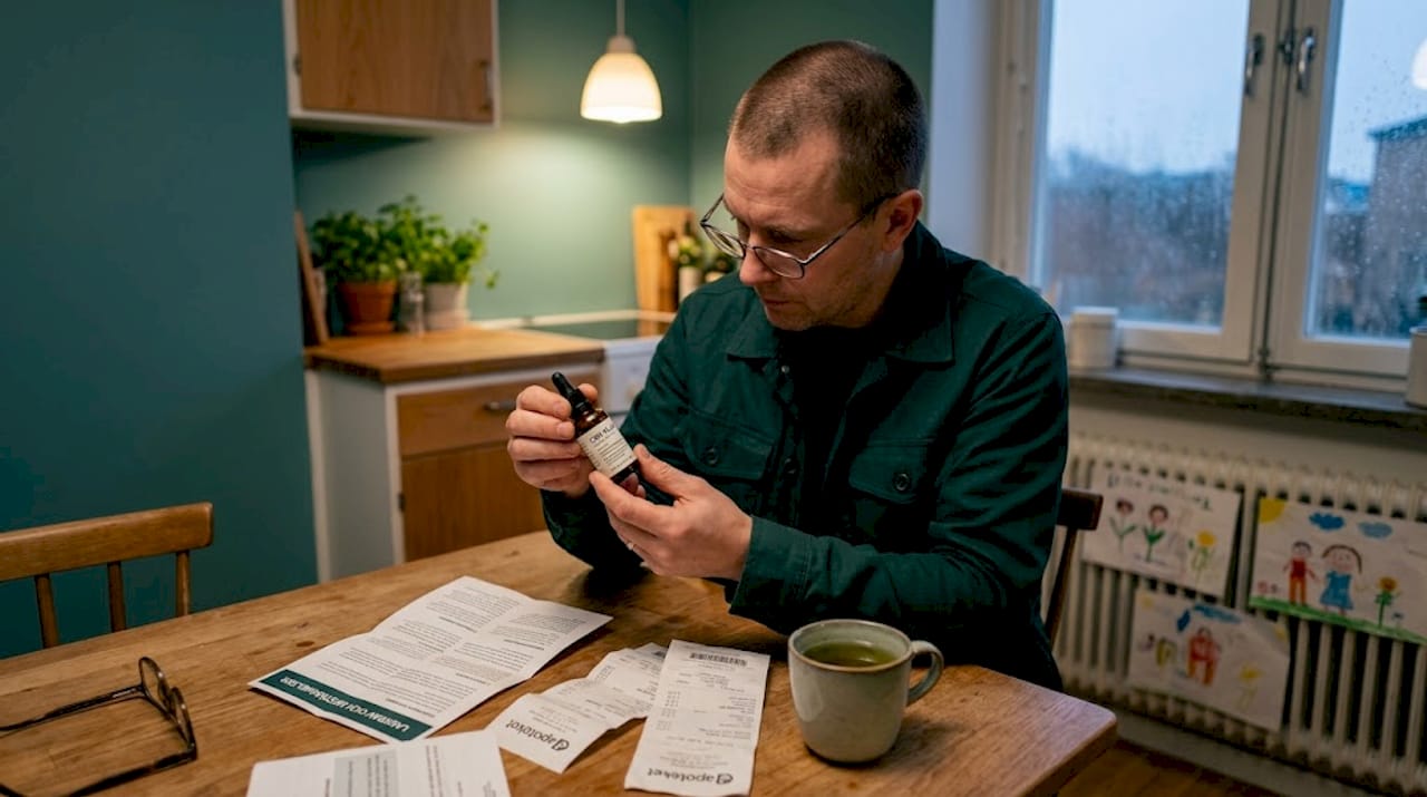 Du kollar igenom etiketten på din CBN-olja hemma för att se vad den innehåller.