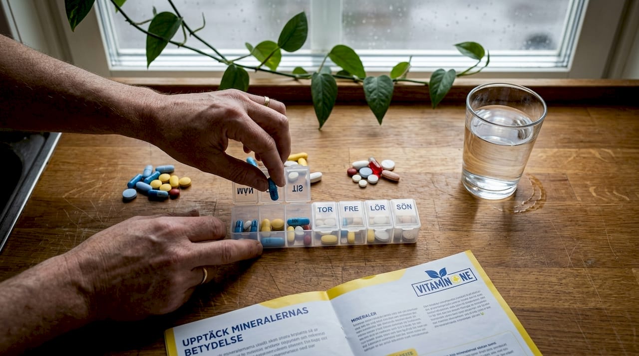Ett par händer sorterar och ställer i ordning mineraltillskott på köksbänken.