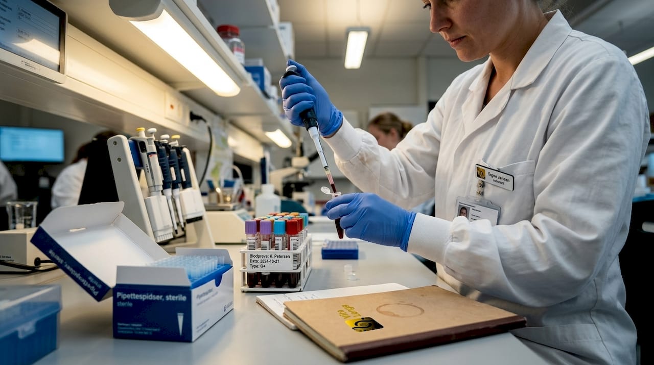 Laborant arbejder med en blodprøve, der skal analyseres.