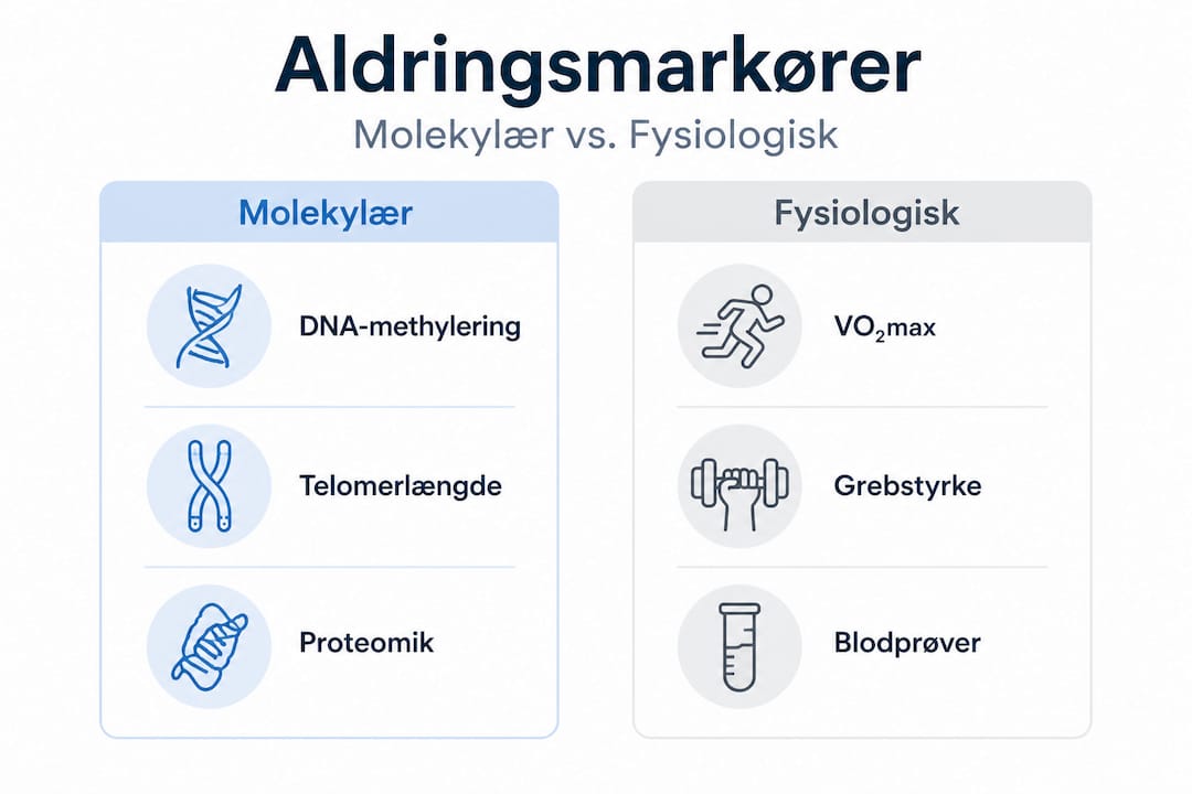 Grafisk oversigt over forskelle og ligheder mellem molekylære og fysiologiske markører for aldring