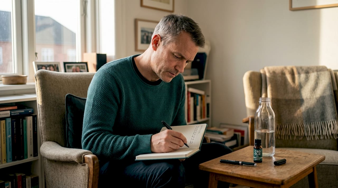 Mand dokumenterer sine erfaringer med CBD hjemme i stuen