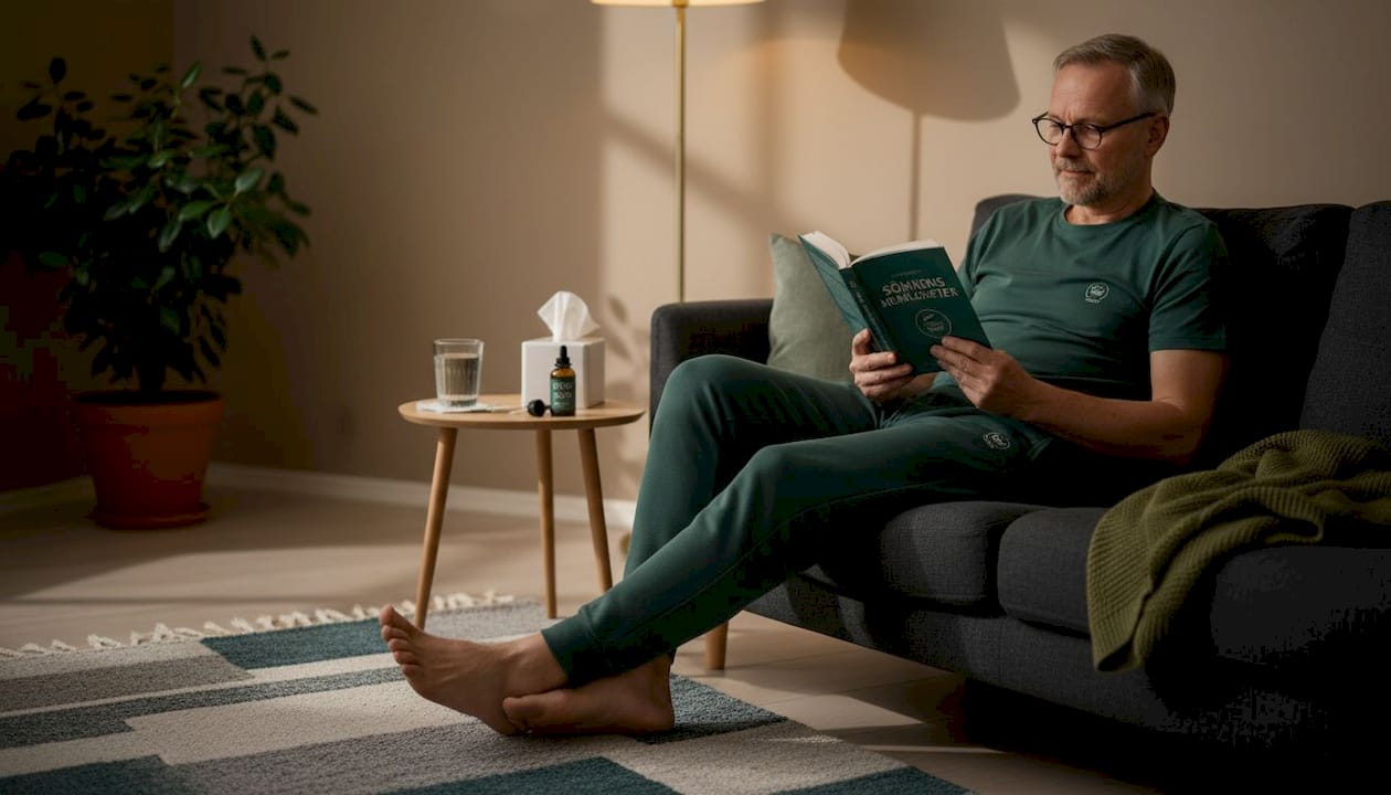 En man sitter i soffan och läser, med en flaska CBD-olja inom räckhåll.