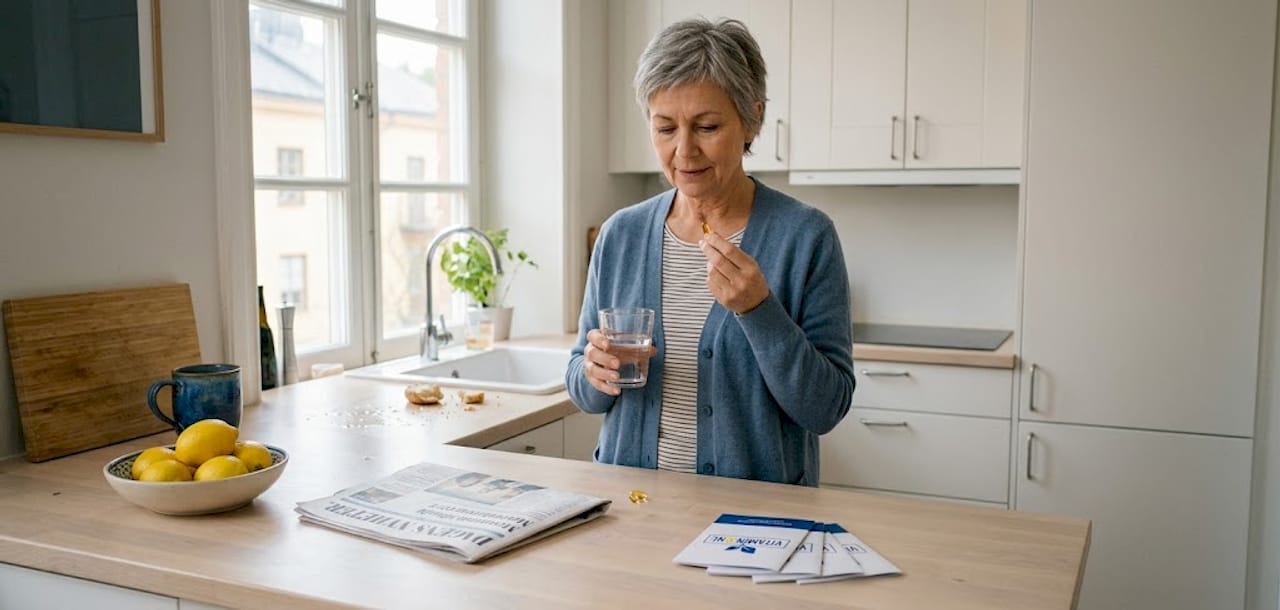 Kvinna tar sitt omega-3-tillskott i köket