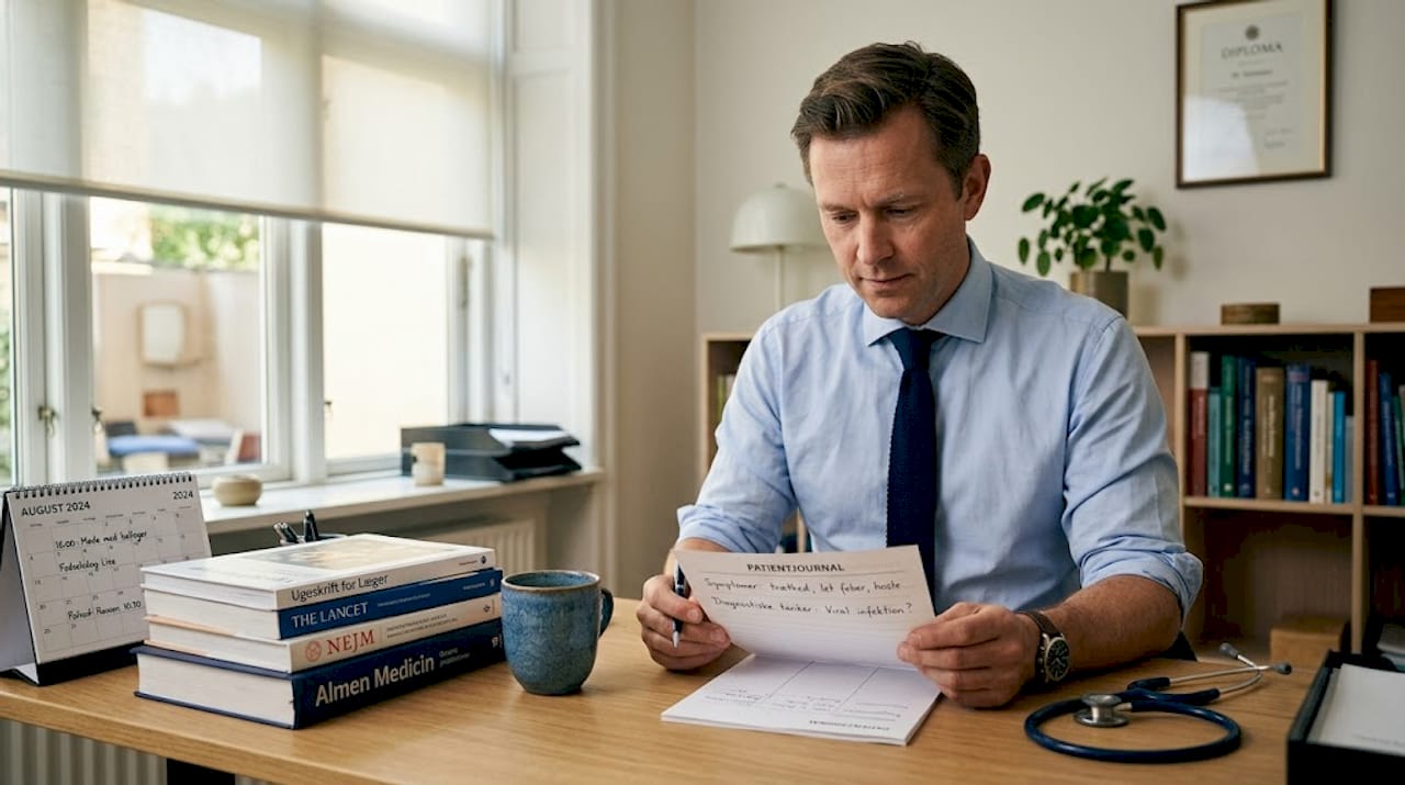 Lægen gennemgår patientens journal og symptombeskrivelse på klinikkens kontor.