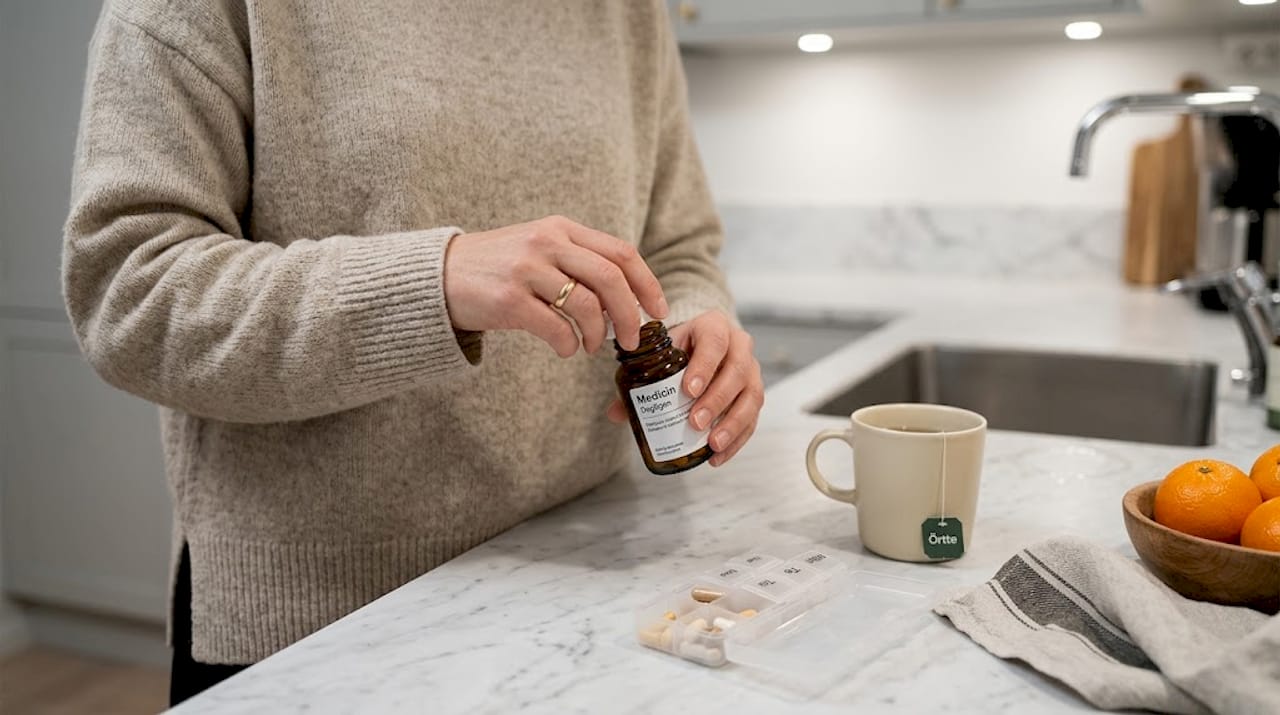 Någon öppnar en medicinburk på köksbänken.