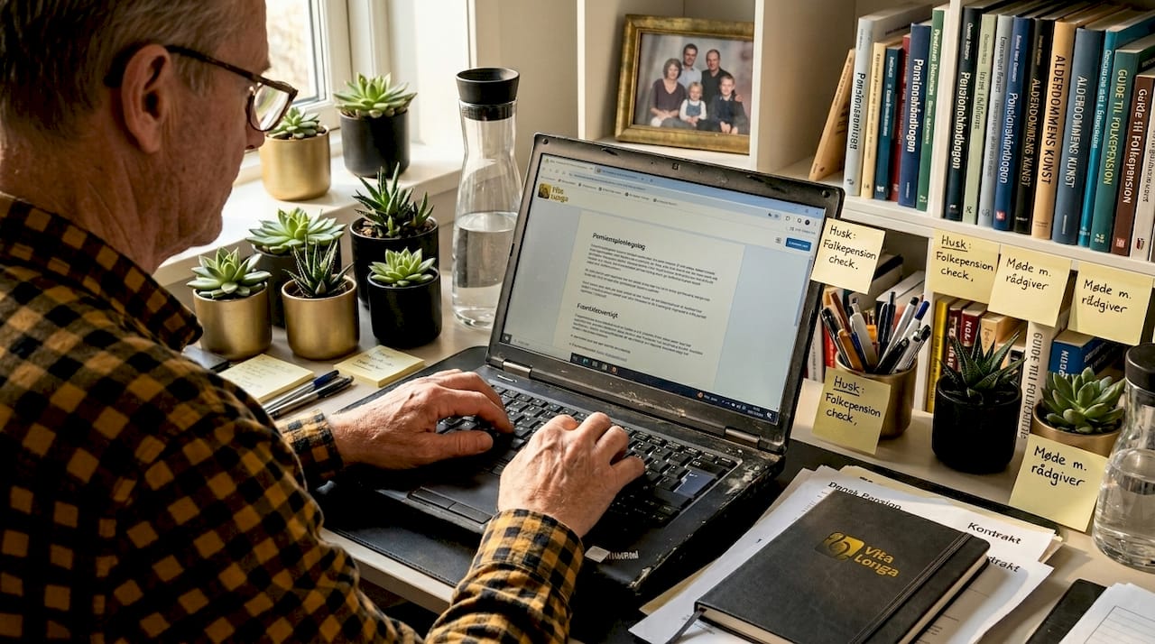 Ældre mand sidder hjemme ved skrivebordet og arbejder