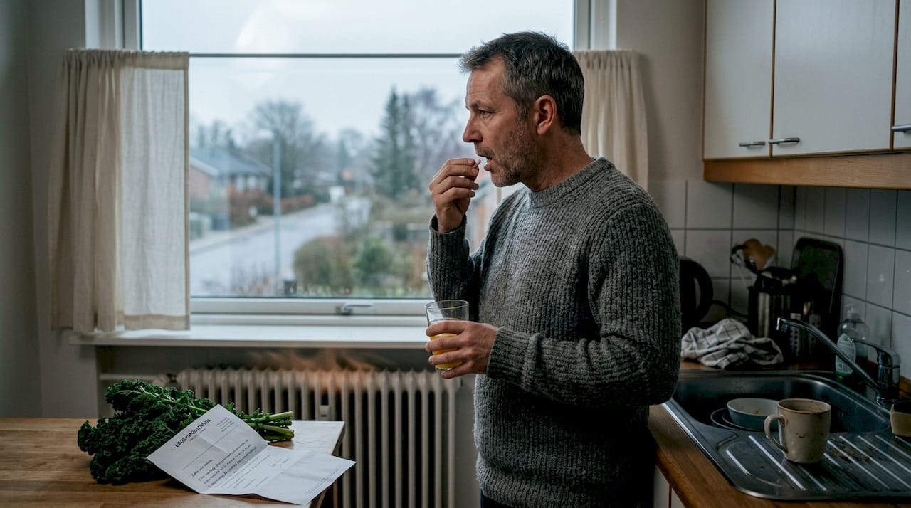 En mand tager sin daglige vitaminpille i køkkenet en kold vintermorgen.