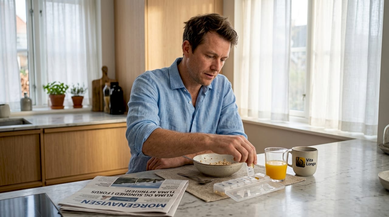 En mand gør klar til at tage sine NAD+ kosttilskud sammen med morgenmaden.