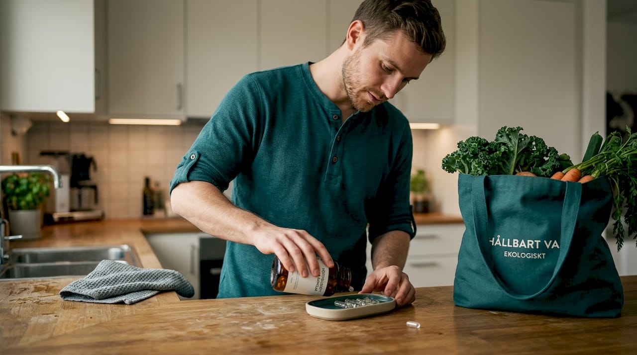 En person står vid köksbänken och plockar med kapslar.