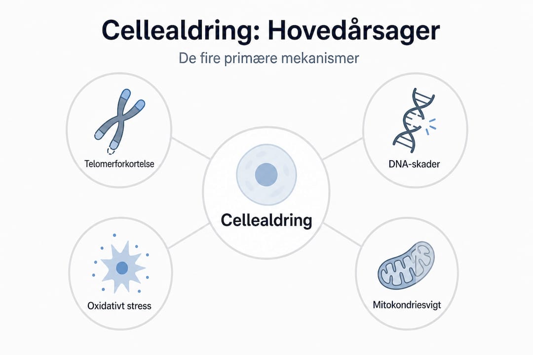 Grafikken giver et overblik over de fire vigtigste faktorer, der får vores celler til at ældes.