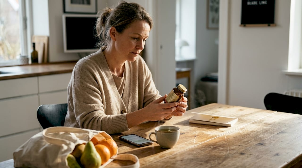 En kvinde sidder ved køkkenbordet og læser grundigt på etiketten til et kosttilskud.