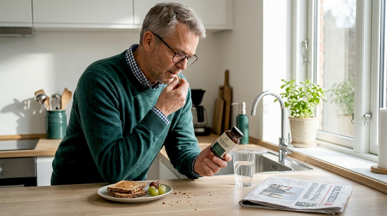 En ældre mand står i sit køkken og tager sine daglige CBD-kapsler.