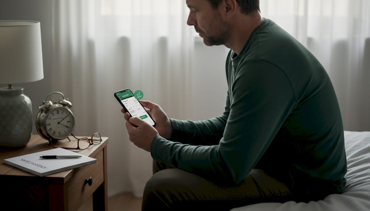 Man använder mobilen i sovrummet för att hålla koll på sin sömn.