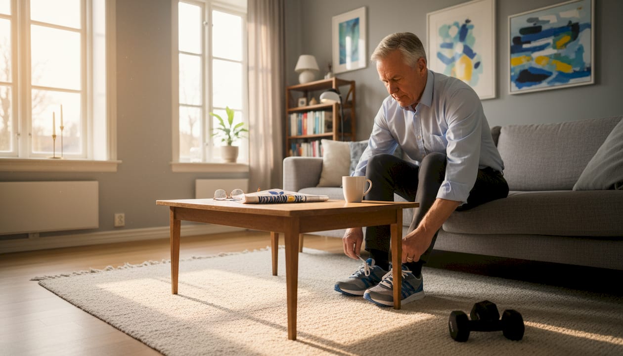 En äldre herre sitter i det soliga vardagsrummet och knyter sina skor.