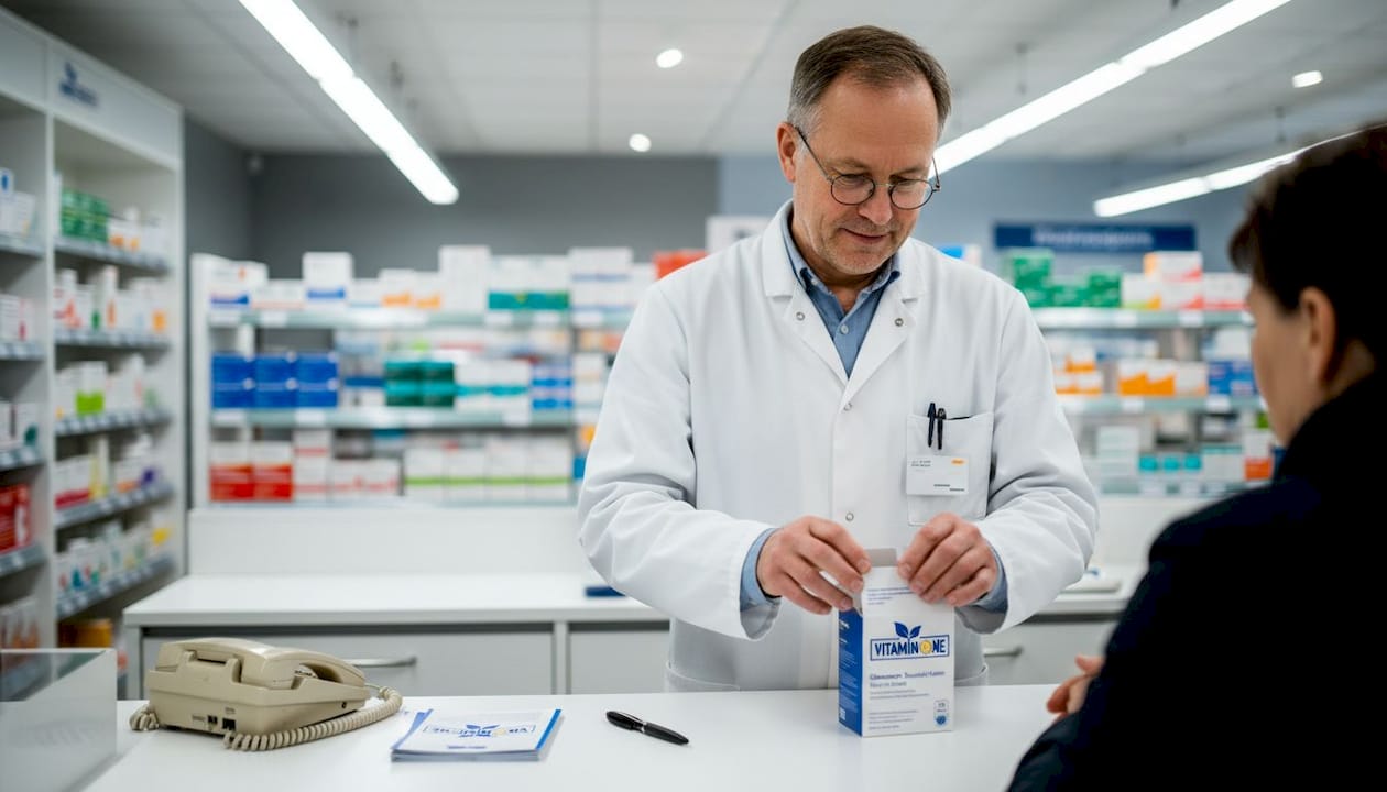 En farmaceut öppnar en förpackning med glukosamintabletter vid apotekets kassadisk.