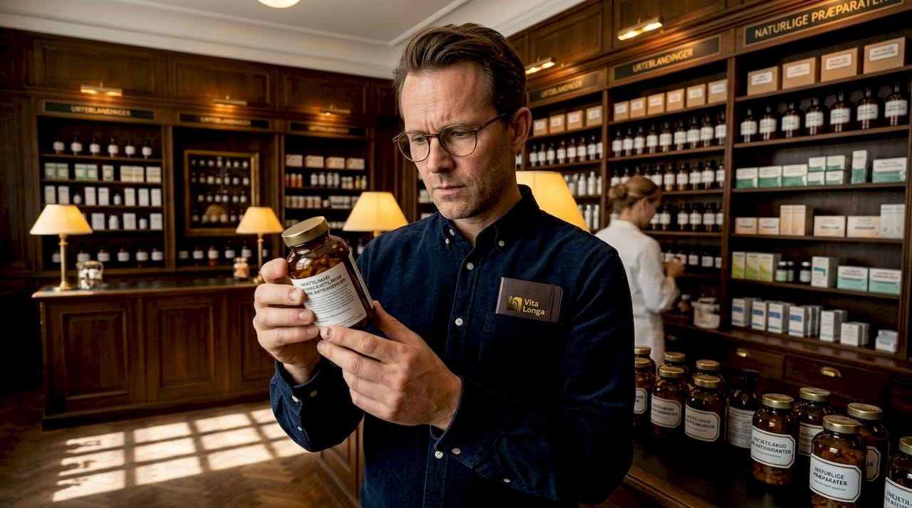 En mand står på apoteket og læser ingredienslisten på et kosttilskud.