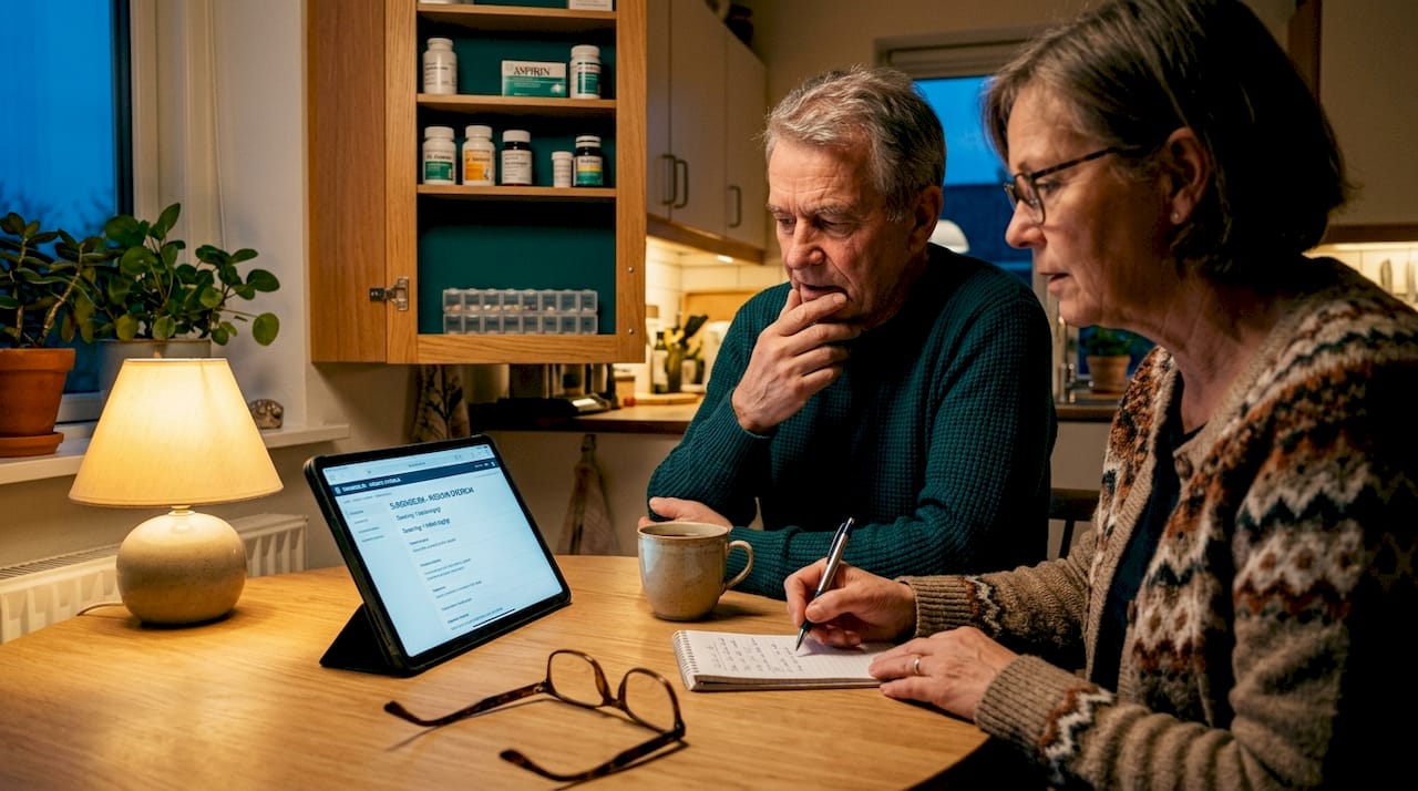 Et ældre par sidder sammen ved køkkenbordet og gennemgår deres sundhedsoplysninger.