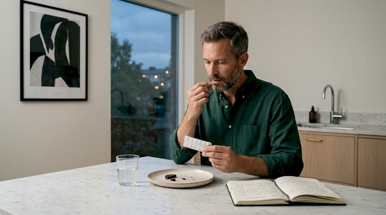Sitter vid köksbordet och tar sin melatonin-tablett