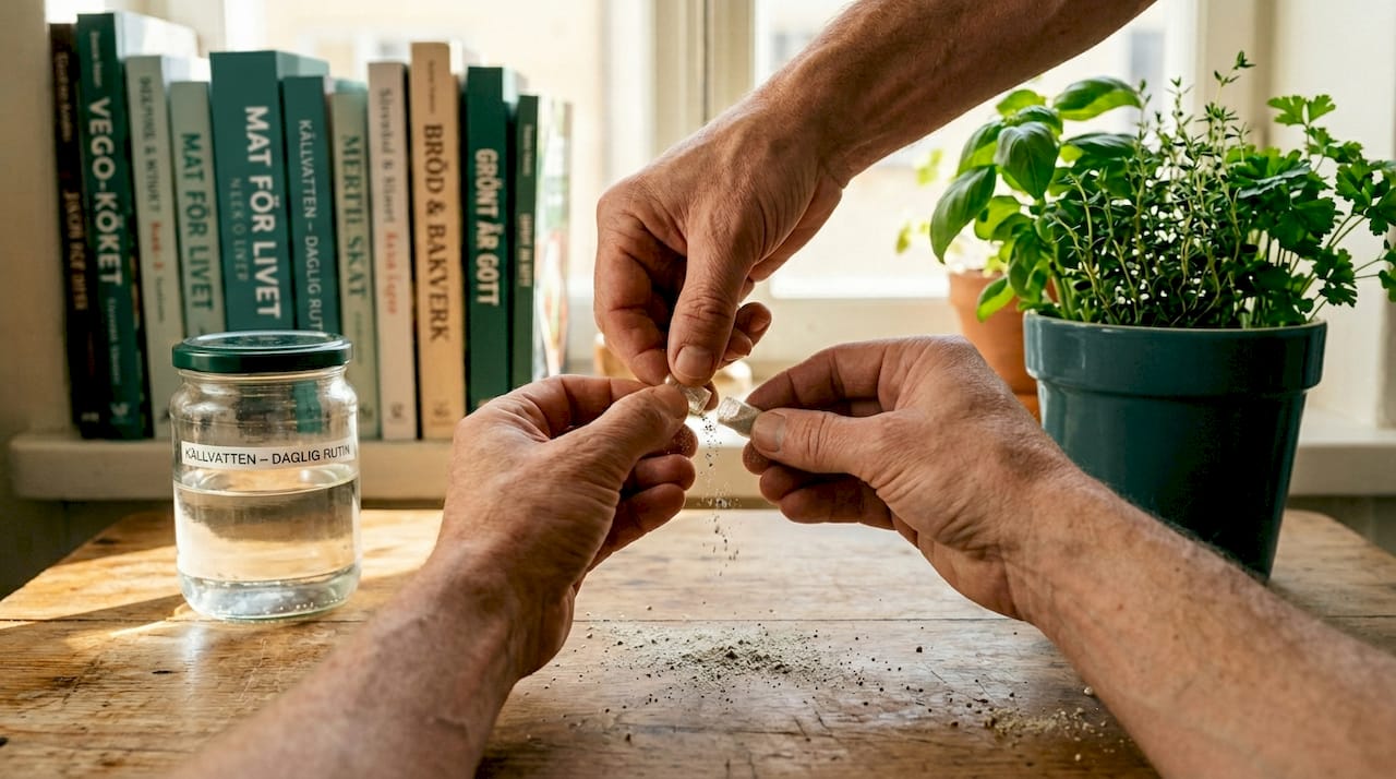 Händer som öppnar en vegansk kapsel över en tallrik