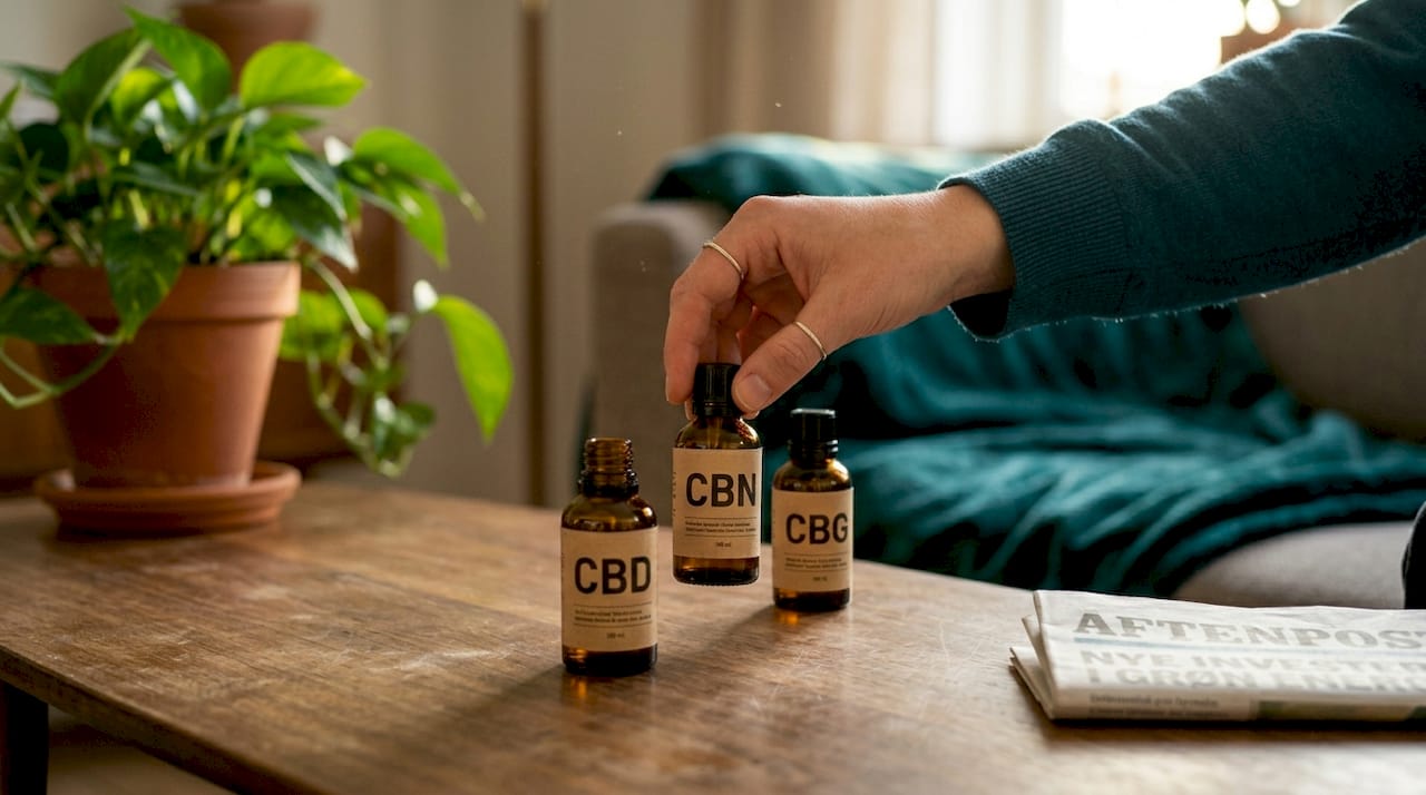 Et udvalg af CBD-, CBN- og CBG-olier står fremme på bordet.